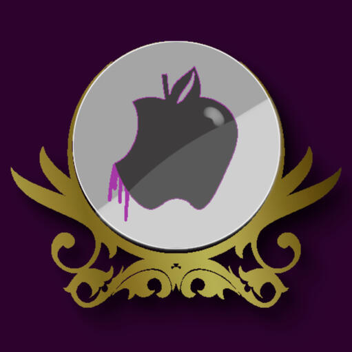 poisoned apple sigil Dark apple with violet drip encased in golden filigree, framed within a scrying mirror.